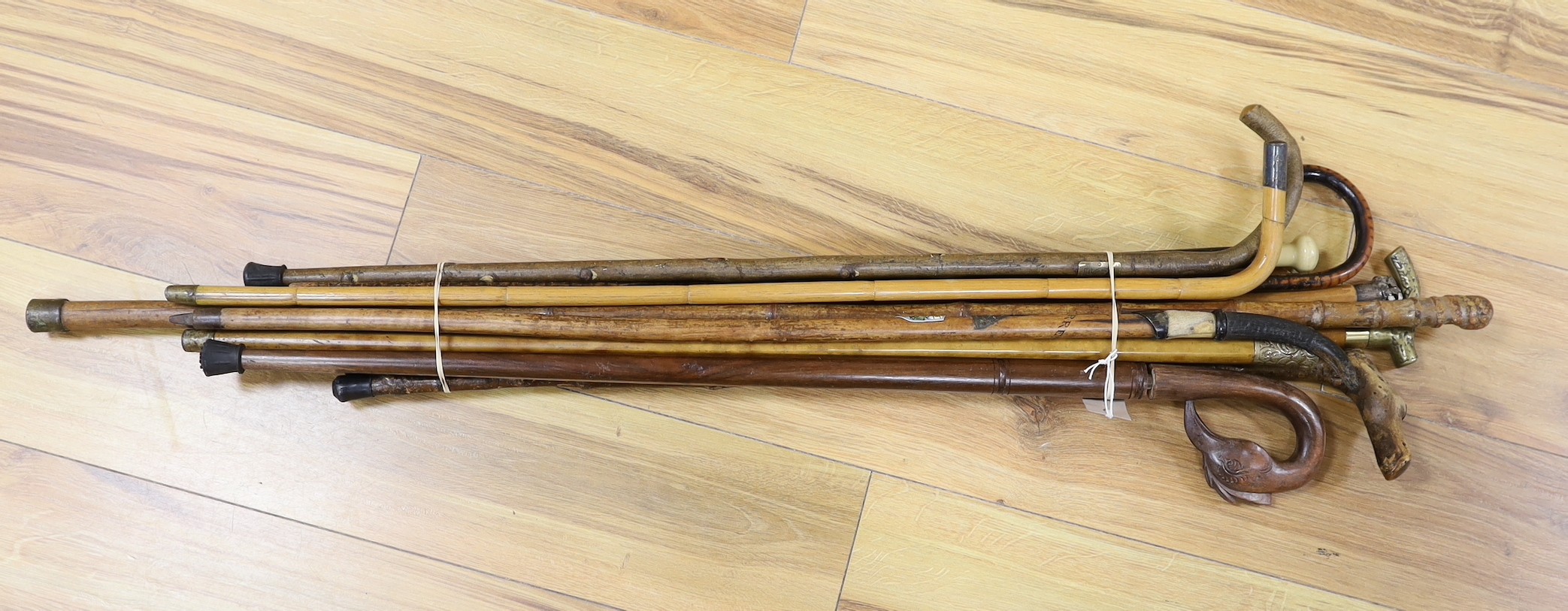 A mixed group of ten walking sticks and canes